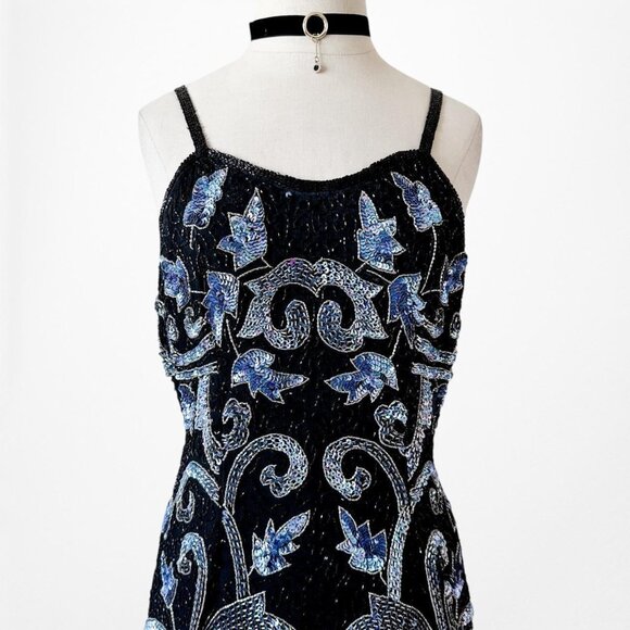 Vintage Black Blue Floral Beaded Silk Bodycon Maxi Prom Dress Size M - Picture 5 of 8